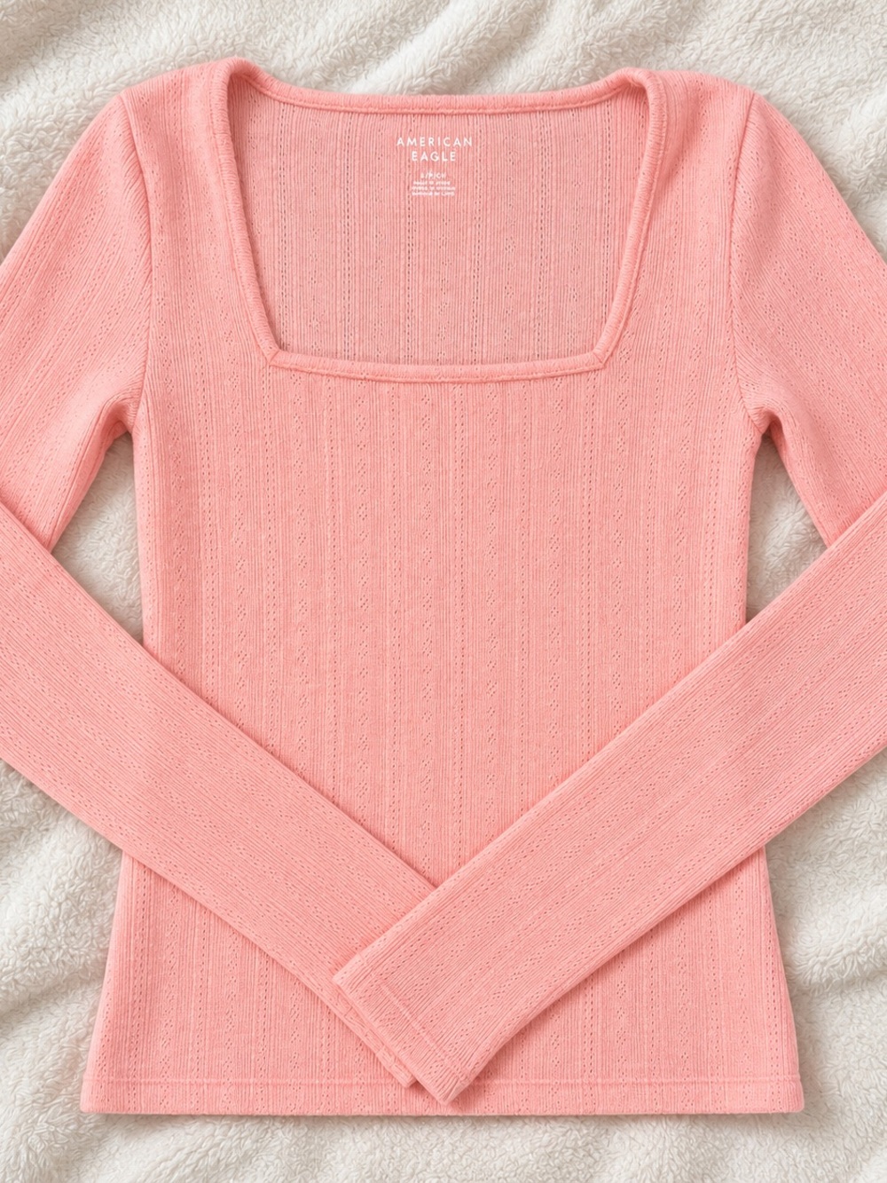 American Eagle Pink Pointelle Square Neck Y2K Long Sleeve Top S
